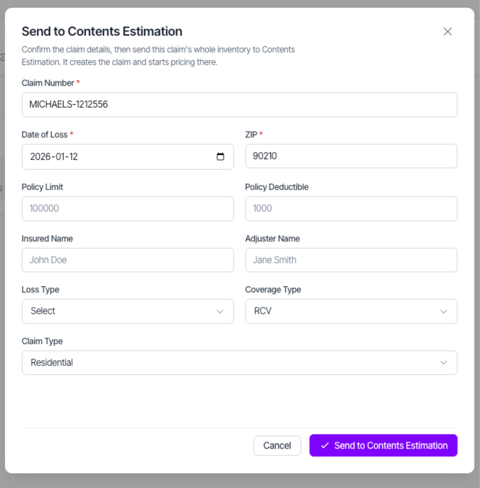 Sending a claim inventory to ContentsEstimation